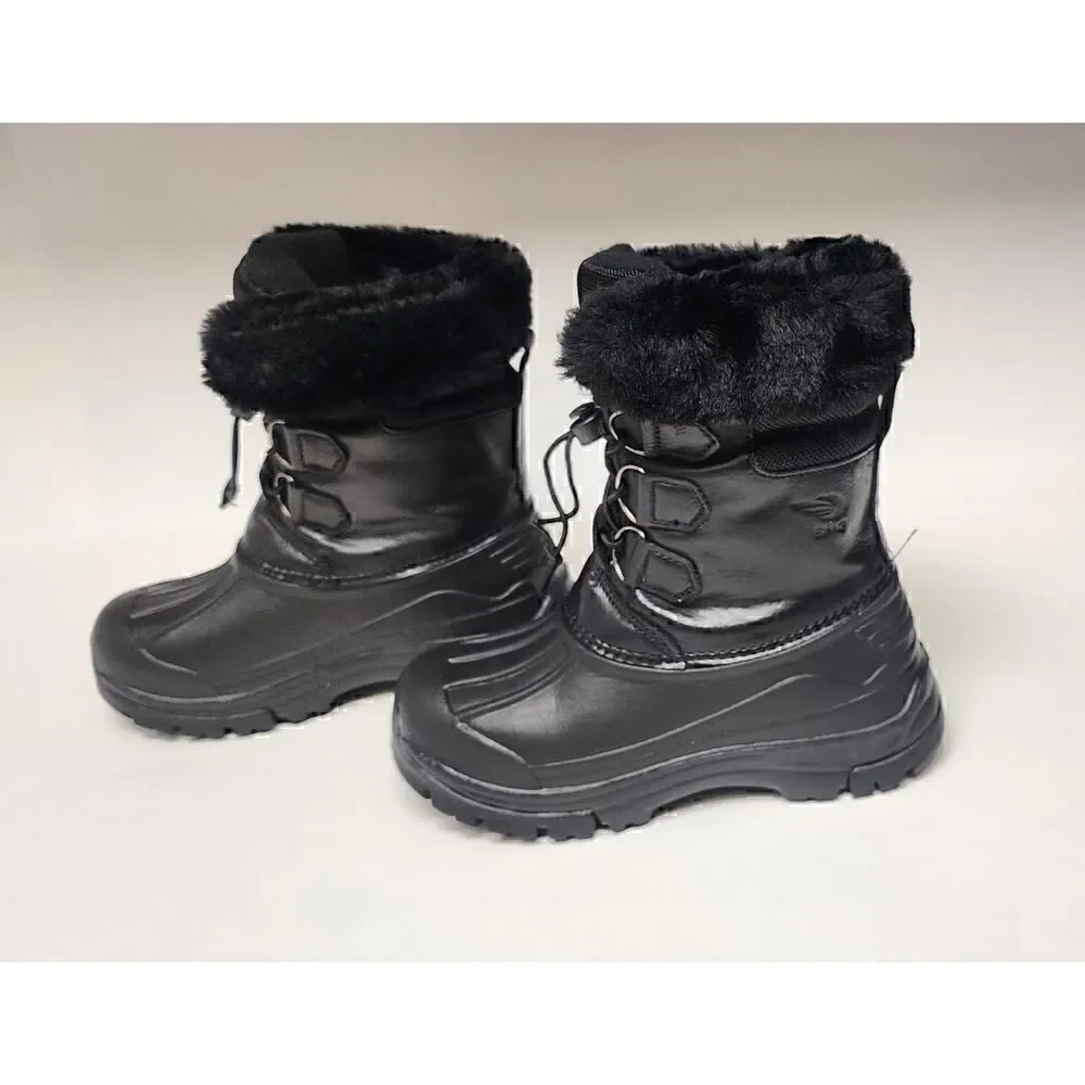 Toddler Kid's Lace Up Elastic Black Faux Fur Snow Boots Size 30/12.5